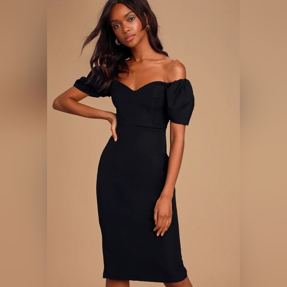 Lucky Number Black Puff Sleeve Bodycon Midi Dress Lulus Size XS - Picture 2 of 9
